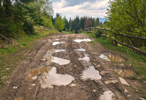 Broken country dirt road in spring mountains with lots of muddy puddles after the rain stock photo