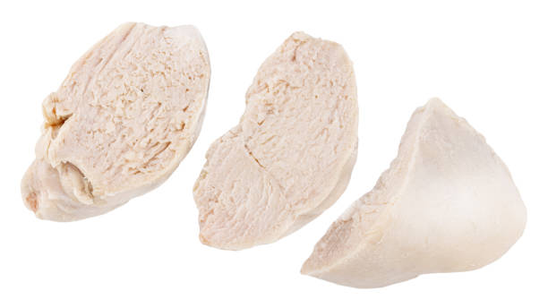 istock Pieces of boiled chicken breast isolated on white background 1308671557