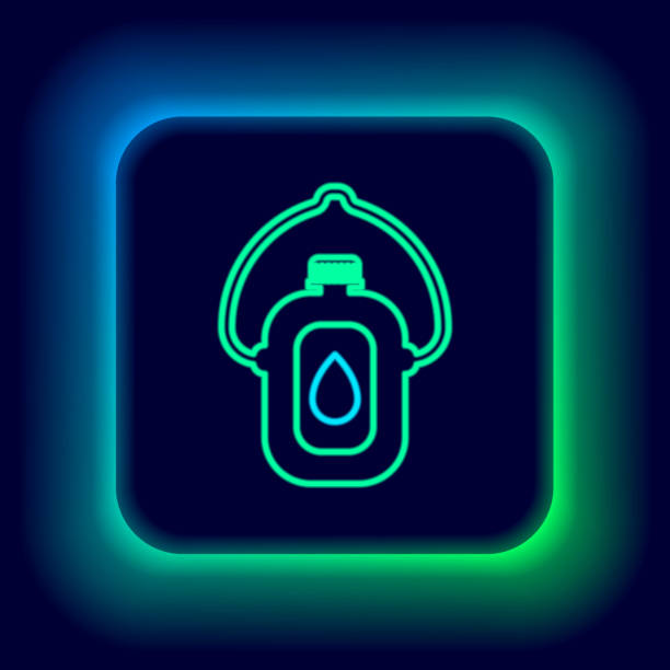 ilustrações de stock, clip art, desenhos animados e ícones de glowing neon line canteen water bottle icon isolated on black background. tourist flask icon. jar of water use in the campaign. colorful outline concept. vector - military canteen