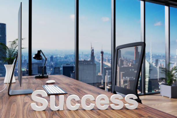 istock organized; office chair in front of modern workspace with computer and skyline view; organization concept; 3D Illustration 1308672100
