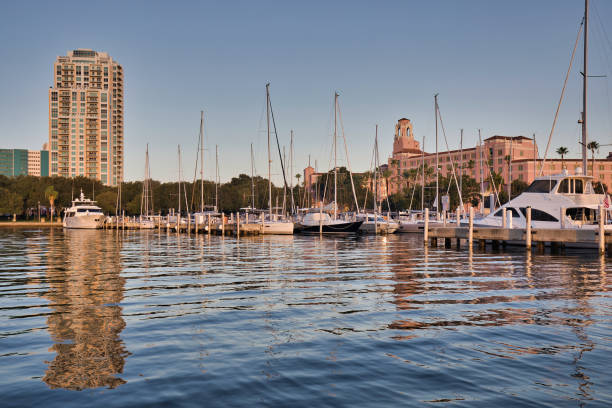Vinoy marina with hotel and North Straub Park in the background in St. Petersburg, Florida, shot from the water in the early light on a sunny day
