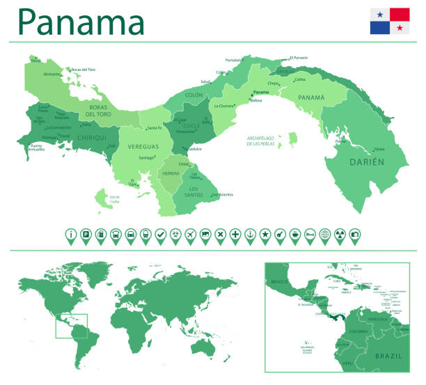 illustrazioni stock, clip art, cartoni animati e icone di tendenza di panama mappa dettagliata e bandiera. panama sulla mappa del mondo. - panama