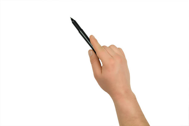 istock male hand with a black pen, as a pointer, on a white background 1308678080