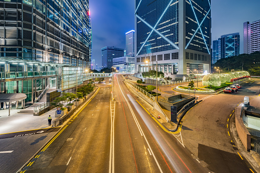 Night street view in Central city District. Hong Kong.