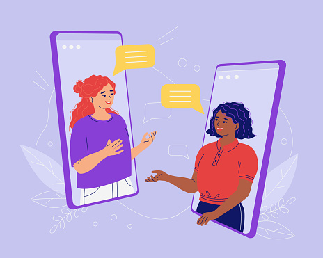 Two young women talking by video call via smartphone. Remote communication concept of diverse friends on the network, female couple. Internet party, family event, online date. Vector illustration