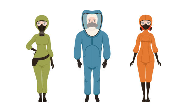 istock Man and Woman Wearing Protective Uniform with Breathing Gas Mask Vector Set 1308680880