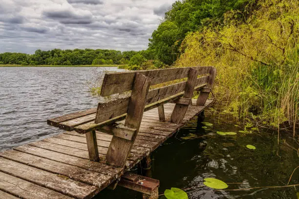 A bench on a wooden jetty at the Daschower See (Lake Daschow), Mecklenburg-Western Pomerania, Germany