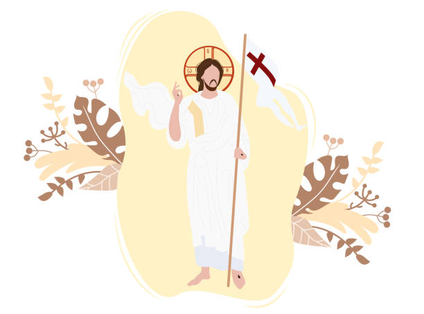 jesus christus. religiöser großer feiertag - die auferstehung christi ikone. er eroberte den tod und wurde auferstanden. christus steht mit der siegesflagge auf einem hintergrund mit dekor. vektor - conquered stock-grafiken, -clipart, -cartoons und -symbole