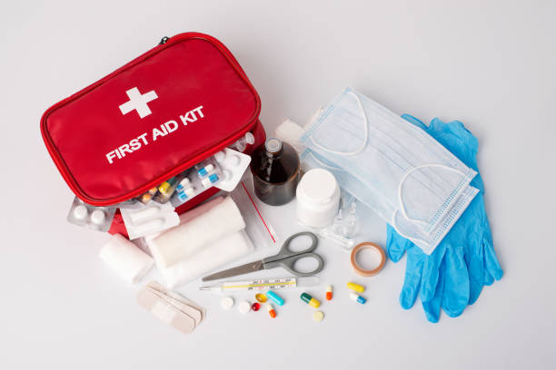 Full first aid kit on white background stock photo