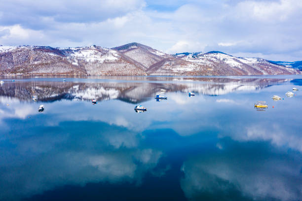 Fishing boats on mountain lake,drone photography.