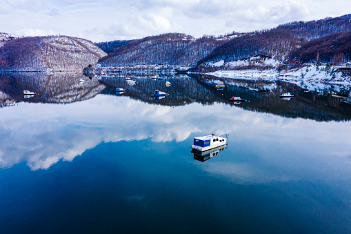 Fishing boats on mountain lake,drone photography.