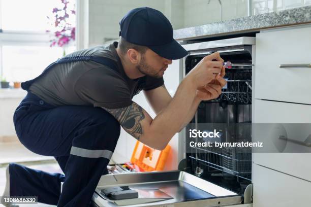Technician Examining Dishwasher Stock Photo - Download Image Now - Appliance, Repairing, Dishwasher