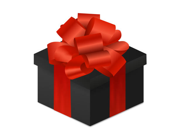 istock Realistic black box with beautiful red bow and ribbons and shadows.Closed box. Present. Gift box. Happy birthday, New Year, Xmas. 3D.Isometry. Stock vector illustration on white isolated. 1308686401