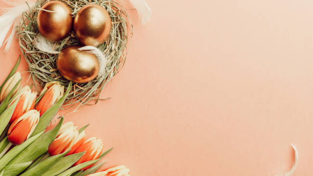 istock Easter eggs gold. Golden colour egg in basket with spring tulips, white feathers on pastel pink background in Happy Easter decoration. Congratulatory easter design. Flat lay, top view. 1308688220