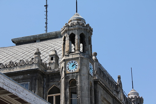 Istanbul, Turkey-July 10, 2011: Architectural Sections from the Historical Sirkeci Train Station. It was opened in 1890 during the reign of Sultan Abdulhamid II. There is a rose window on the front.
