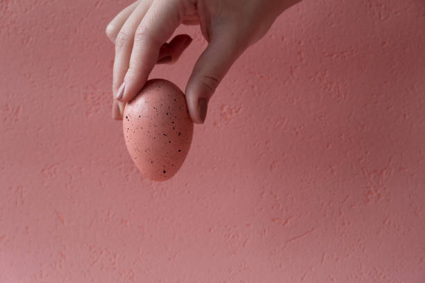 istock Easter egg in hand, pink egg, beautiful pink background 1308689730