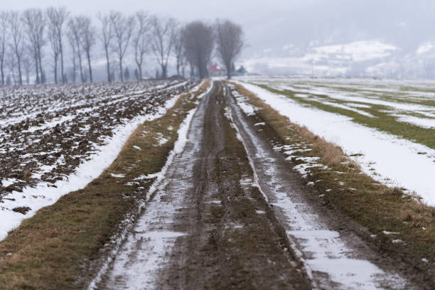 Mud field road running through snowy fields in late winter