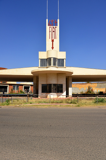 Asmara, Eritrea: art deco Fiat Tagliero gas station - a futurist structure completed in 1938 and designed by the Italian engineer Giuseppe Pettazzi in the shape of an airplane, remains structurally sound to this day - a symbol of technological avant-garde - located on the roundabout at the intersection of Sematat Avenue and Mereb Street - Asmara: a modernist city of Africa, Unesco World Heritage Site.