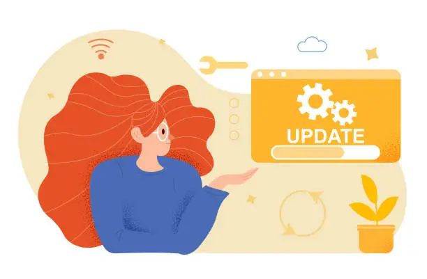 Vector illustration of System updates by teenager updating operation