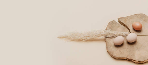 istock Brown dried pampas grass and eggs on natural beige background. Zero waste easter concept. Eco friendly lifestyle, copy space 1308703385