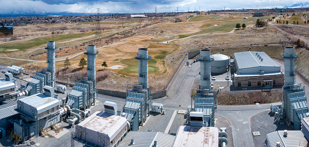 Aerial view power plant, Combined cycle power plant electricity generating station.