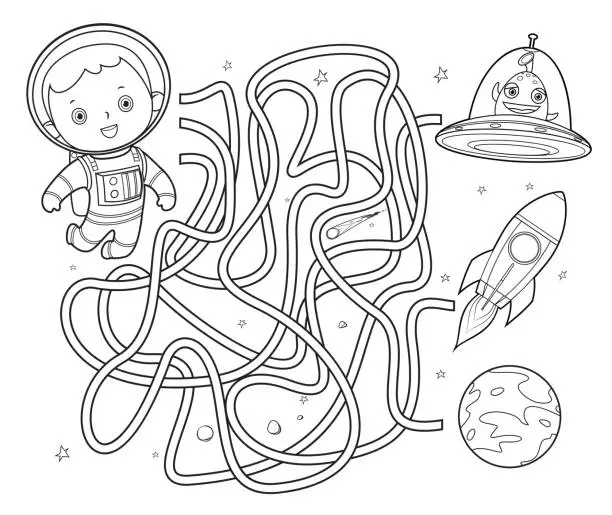 Vector illustration of Black And White, Space maze for kids