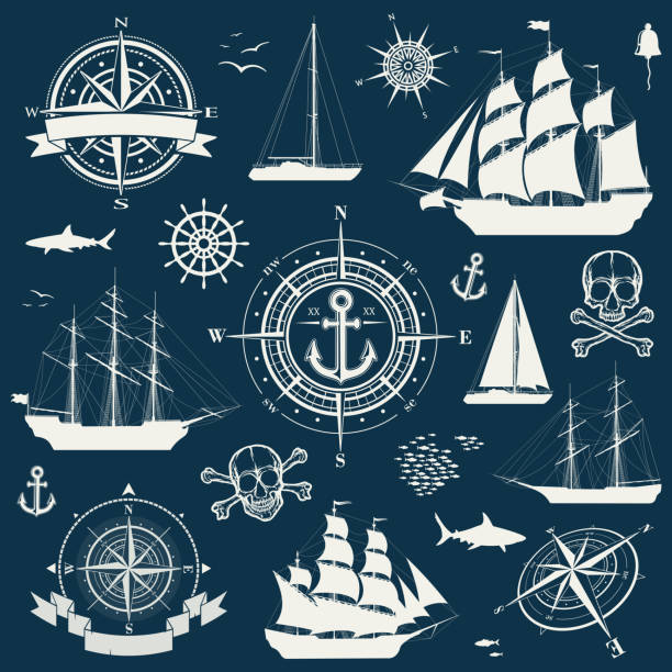 Set of nautical design objects, sailing ships, yachts, compasses Set of fully rigged sailing ships, yachts, skulls and windrose silhouettes isolated on blue background. Nautical design elements collection. Vector illustration white sailboat silhouette stock illustrations
