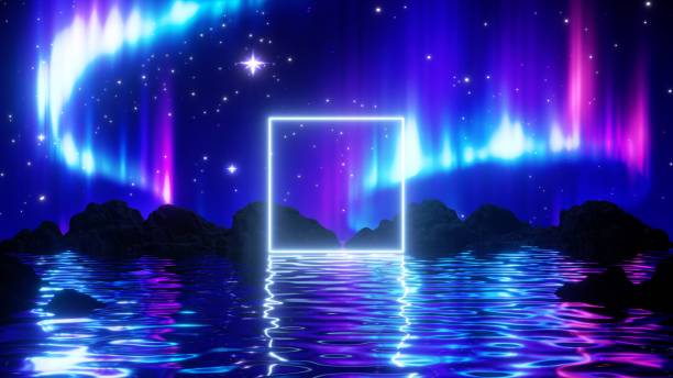 istock 3d render, abstract background with Aurora Borealis. Northern lights in polar night sky above the mystical landscape. Natural phenomenon and neon glowing square frame 1308705492
