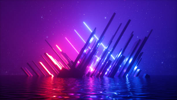 istock 3d render, abstract cosmic background with neon light, starry night sky and water 1308705499