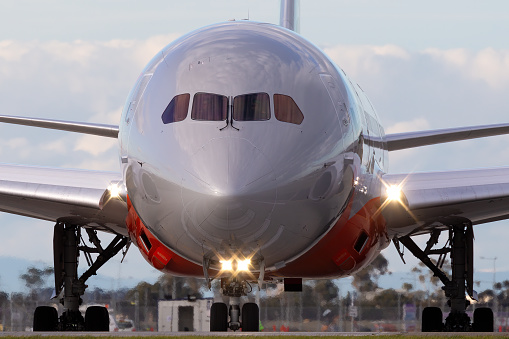 Melbourne, Australia - June 23, 2015: Boeing 787-8 Dreamliner operated by Australian low cost Airline Jetstar taxiing to the runway at Melbourne Airport.