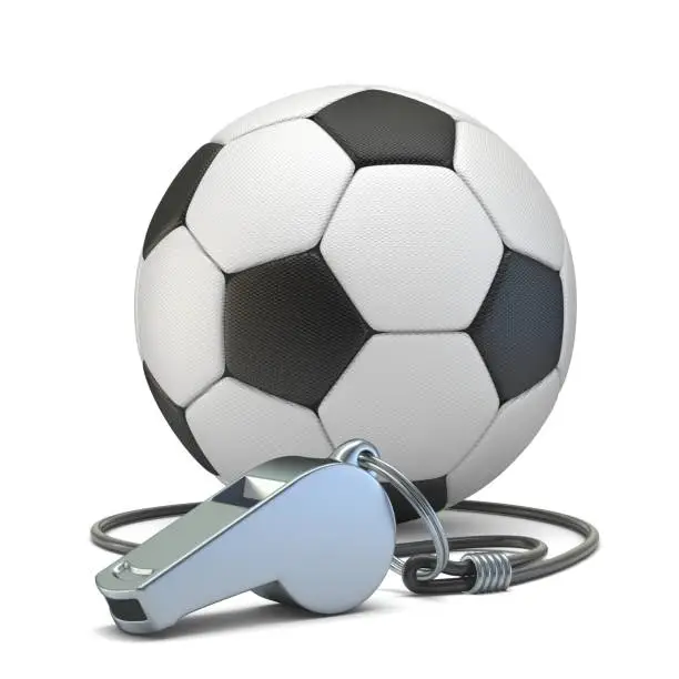Football ball with metal whistle 3D render illustration isolated on white background