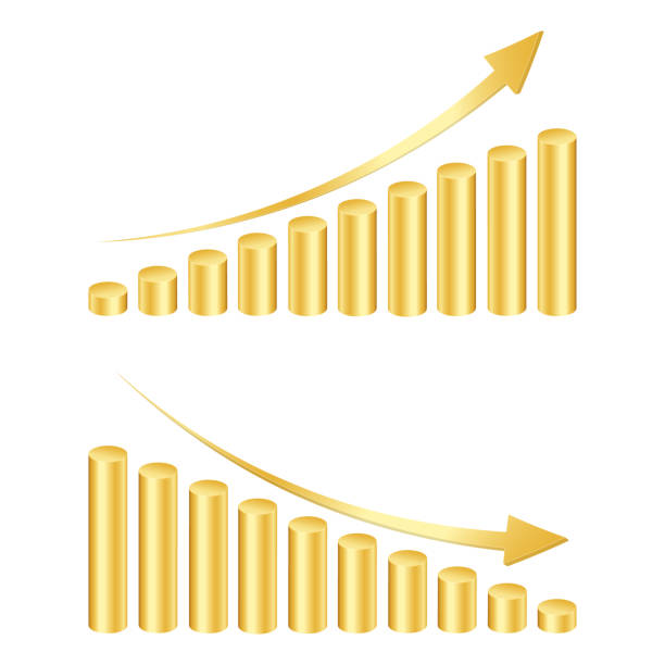 illustrations, cliparts, dessins animés et icônes de graphique à barres de cylindres dorés avec flèches montantes et décroissantes. symboles de taux de croissance et de réduction. éléments de diagramme de colonne pour l’infographie statistique de finances. illustration 3d vectorielle - cylinder chart graph three dimensional shape