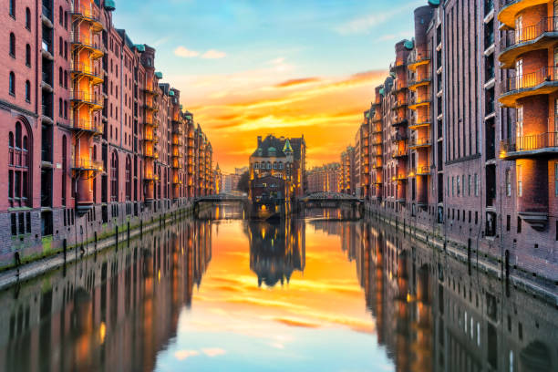 Water castle and storage city in Hamburg, Germany Wasserschloss and Speicherstadt in the Hafencity warehouse district in Hamburg, Germany elbphilharmonie photos stock pictures, royalty-free photos & images