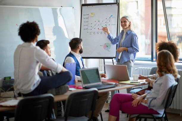 istock Woman demonstrating presentation on board while talking with partners during job 1308710186