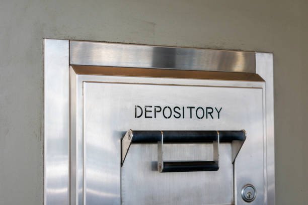depository sign on an exterior secured bank drop box - night deposit box imagens e fotografias de stock