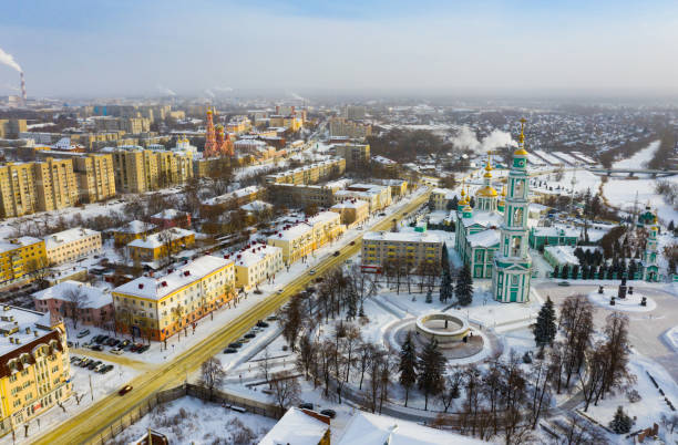 Aerial view of the Spaso-Preobrazhensky Cathedral and residential buildings in Tambov Winter view from a drone of the Spaso-Preobrazhensky Cathedral in the city center and residential areas in 
Tambov, Russia tambov oblast photos stock pictures, royalty-free photos & images