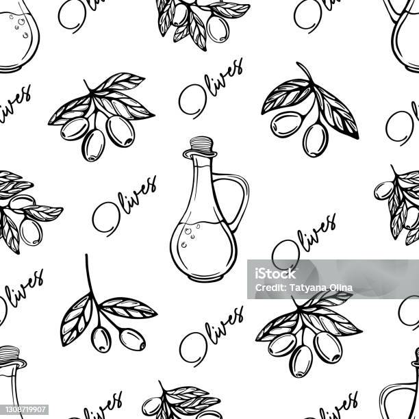 Oil Pattern Vector Olive Oil Seamless Pattern Olive Branch Pattern Handdrawn Vector ...