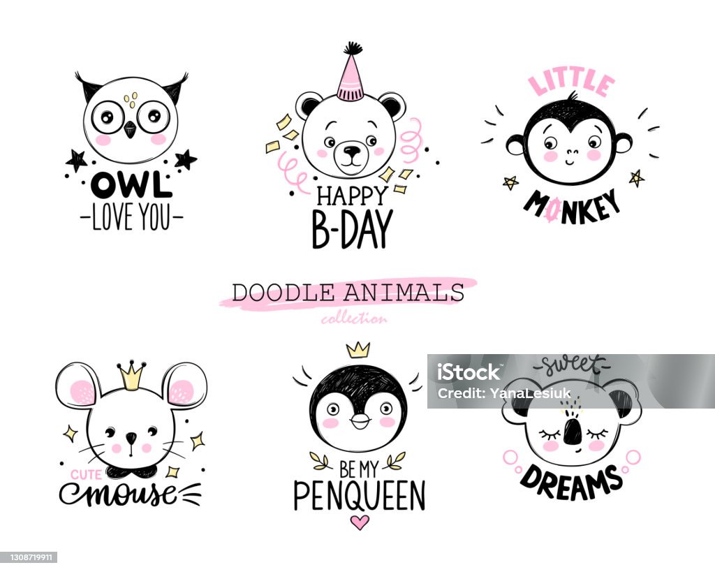 Bộ Vector Động Vật Doodle Cú Gấu Khỉ Chuột Chim Cánh Cụt Koala Mặt ...