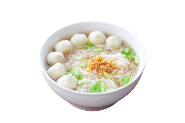 Noodle soup with pork ball isolated on background
