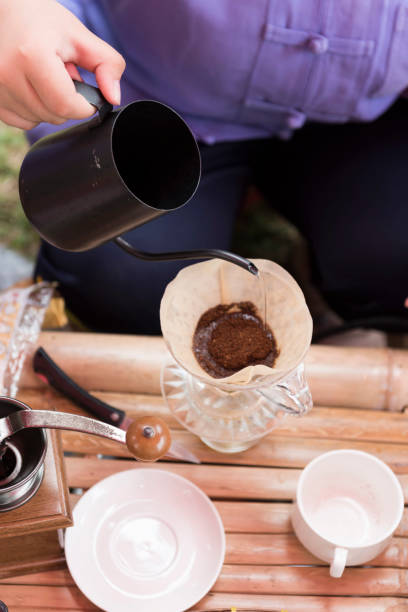 istock Hand pouring hot water for coffee dripping 1308721028