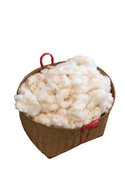 Cotton in a bamboo basket isolated on background,Raw material for cotton line production