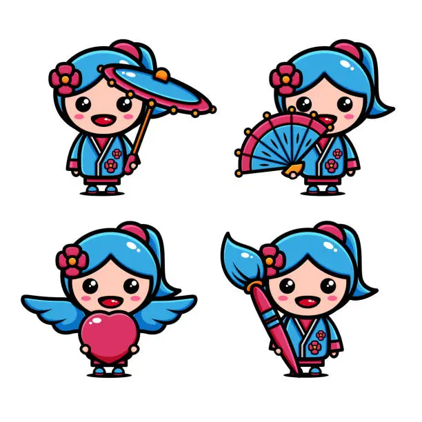 Vector illustration of cute little princess character design with many expression