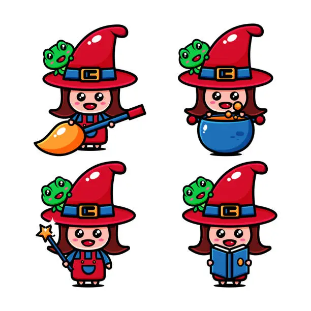 Vector illustration of cute little witch character design themed the world of witch