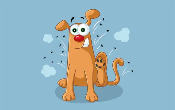 Vector illustration of Funny Cartoon Dog Scratches Fleas Off