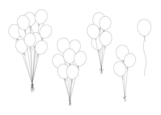 Vector illustration of Group of balloons on a string. Vector set of different sketches balloons.