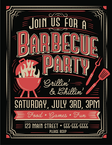 Vector illustration of a Trendy and stylized Barbecue Party invitation design template for summer cookouts and celebrations. Includes bbq grill and utensils, placement text. Easy to edit and customize with layers. Download includes vector eps 10 and high resolution jpg. Other color variations available.