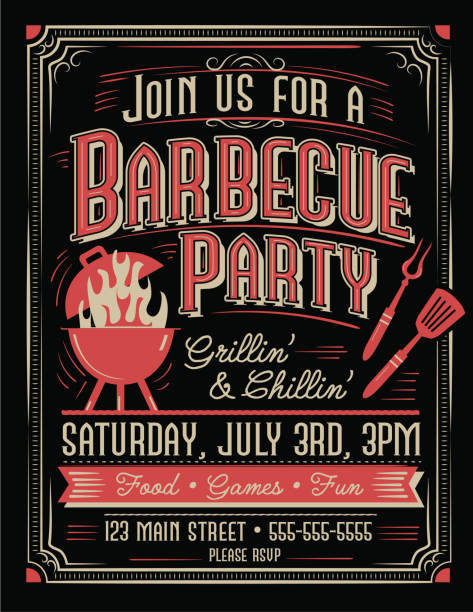 Trendy and stylized Barbecue Party invitation design template for summer cookouts and celebrations Vector illustration of a Trendy and stylized Barbecue Party invitation design template for summer cookouts and celebrations. Includes bbq grill and utensils, placement text. Easy to edit and customize with layers. Download includes vector eps 10 and high resolution jpg. Other color variations available. bbq stock illustrations