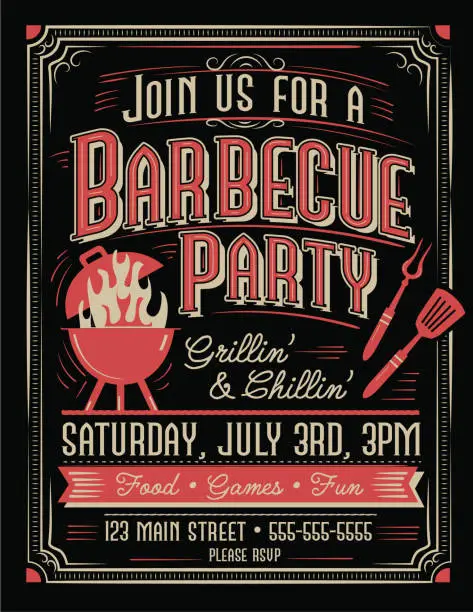 Vector illustration of Trendy and stylized Barbecue Party invitation design template for summer cookouts and celebrations