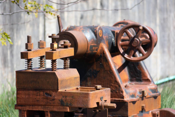 Rusted industrial equipment. Metal lathe. Selective focus.