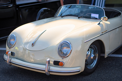 Seattle, Washington United States - June 27, 2015: Its the front view of the Speedster Vintage Porsche on display showing its pride and joys at the Greenwood Car Show in Seattle.